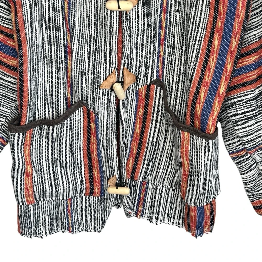 Boho Baja Hoodie Mexican Blanket Toggle Jacket Medium Indie Festival Surf Stripe